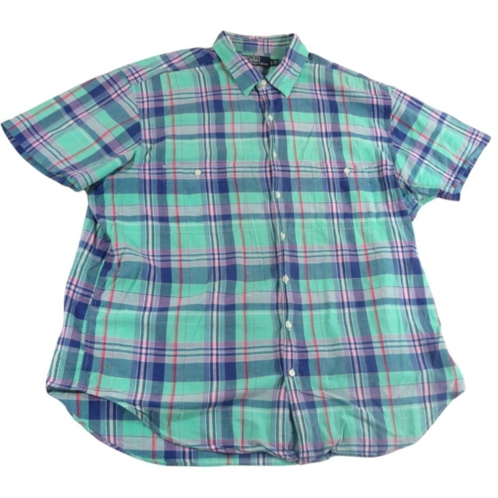 Polo Ralph Lauren Shirt Men 1XB Plaid Button Up Green Pink Cotton Casual Big Fit